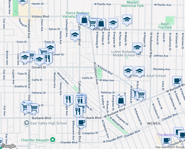 map of restaurants, bars, coffee shops, grocery stores, and more near 10414 Tiara Street in Los Angeles