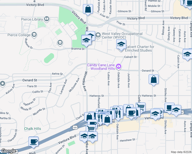 map of restaurants, bars, coffee shops, grocery stores, and more near 5912 Penfield Avenue in Los Angeles