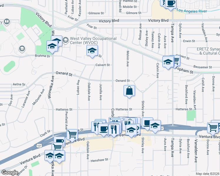 map of restaurants, bars, coffee shops, grocery stores, and more near 5931 Corbin Avenue in Los Angeles