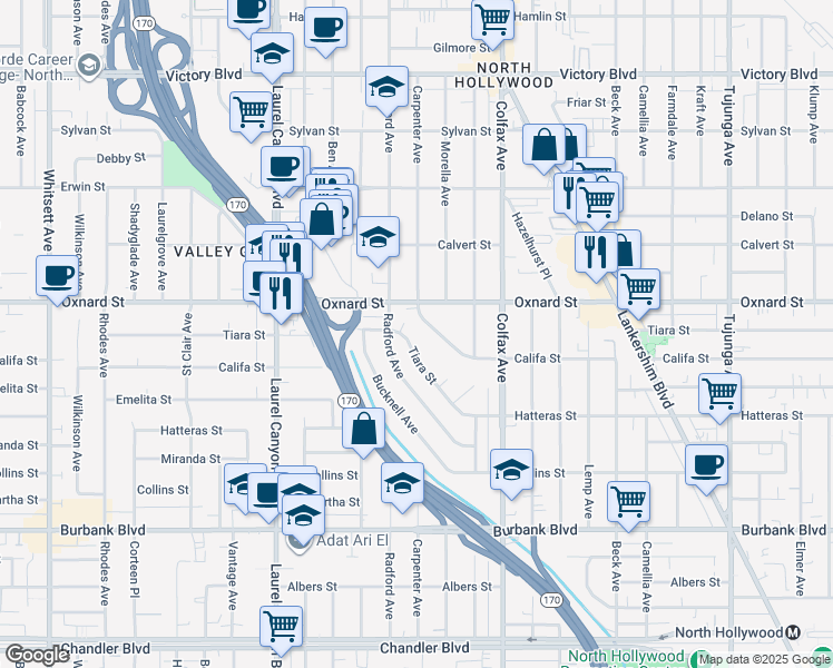 map of restaurants, bars, coffee shops, grocery stores, and more near 11889 Tiara Street in Los Angeles