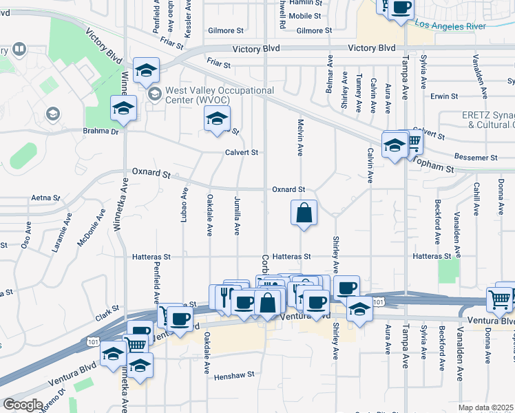 map of restaurants, bars, coffee shops, grocery stores, and more near 5931 Corbin Avenue in Los Angeles