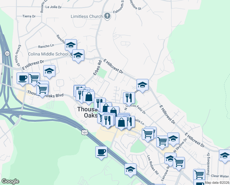 map of restaurants, bars, coffee shops, grocery stores, and more near 2127 Pavo Court in Thousand Oaks