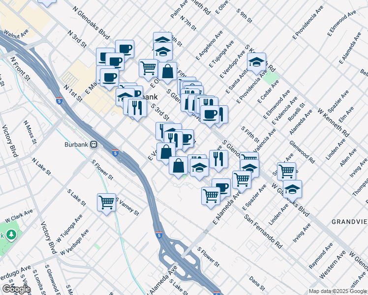 map of restaurants, bars, coffee shops, grocery stores, and more near 276 East Santa Anita Avenue in Burbank