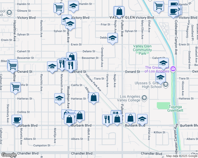 map of restaurants, bars, coffee shops, grocery stores, and more near 13454 Oxnard Street in Los Angeles