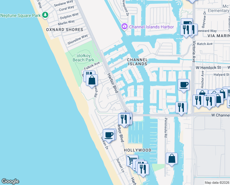 map of restaurants, bars, coffee shops, grocery stores, and more near 4544 Lyme Bay in Oxnard