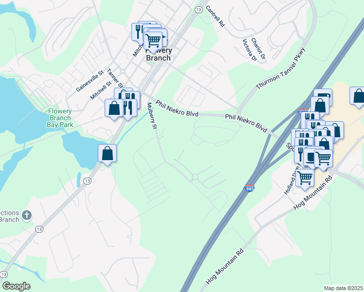 map of restaurants, bars, coffee shops, grocery stores, and more near 5729 Westin Circle in Flowery Branch