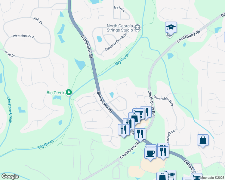 map of restaurants, bars, coffee shops, grocery stores, and more near 5745 Blair Valley Run in Cumming