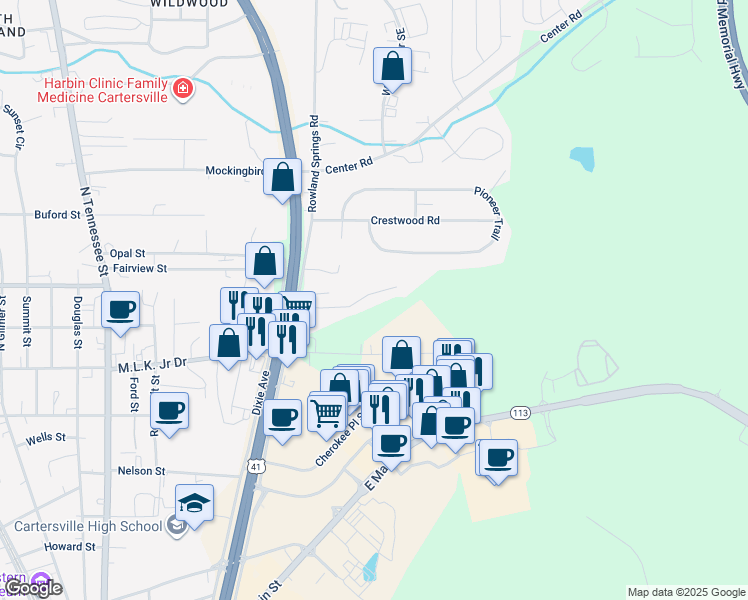 map of restaurants, bars, coffee shops, grocery stores, and more near 105 Timber Ridge Drive in Cartersville