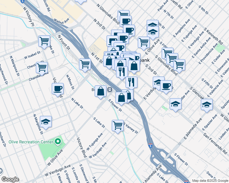 map of restaurants, bars, coffee shops, grocery stores, and more near 101 South Front Street in Burbank
