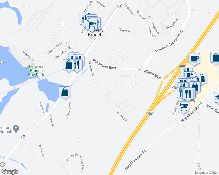 map of restaurants, bars, coffee shops, grocery stores, and more near 5729 Westin Circle in Flowery Branch