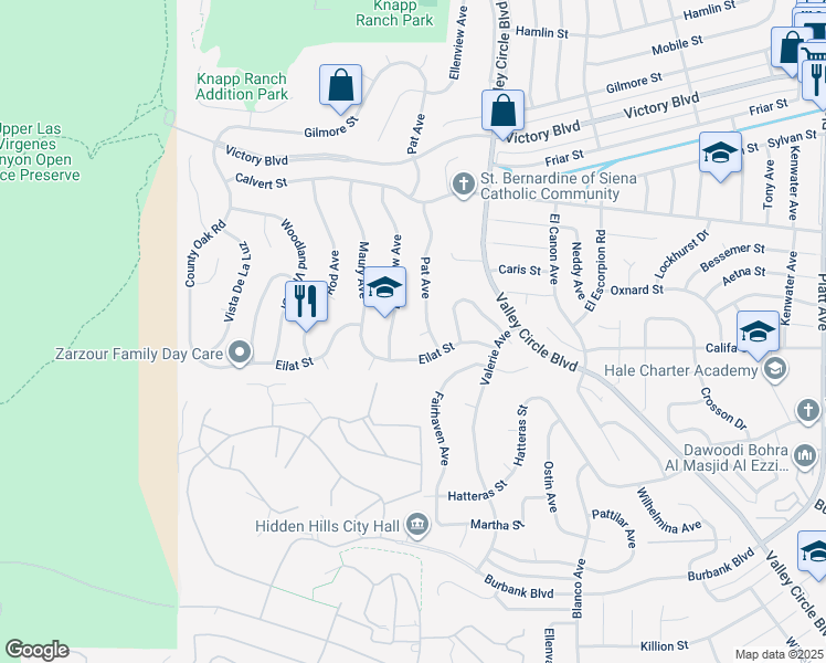 map of restaurants, bars, coffee shops, grocery stores, and more near 24511 Pat Place in Los Angeles