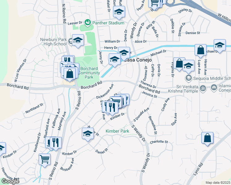 map of restaurants, bars, coffee shops, grocery stores, and more near 59 Sandra Court in Thousand Oaks