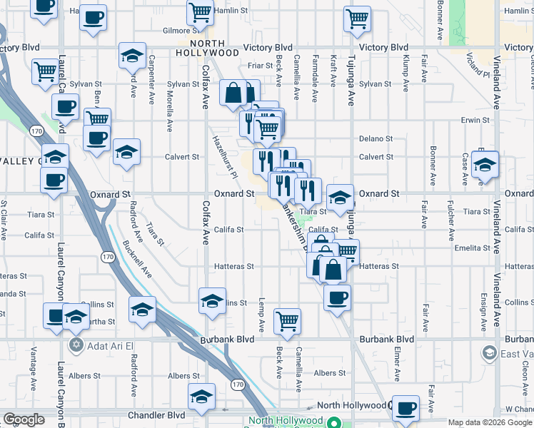 map of restaurants, bars, coffee shops, grocery stores, and more near 11600 Oxnard Street in Los Angeles