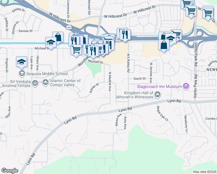 map of restaurants, bars, coffee shops, grocery stores, and more near 46 North Northam Avenue in Thousand Oaks
