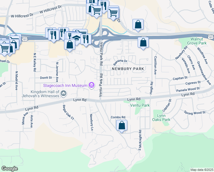 map of restaurants, bars, coffee shops, grocery stores, and more near 24 Robertson Way in Thousand Oaks