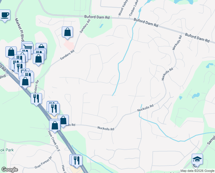 map of restaurants, bars, coffee shops, grocery stores, and more near 1315 Willow Park Way in Cumming