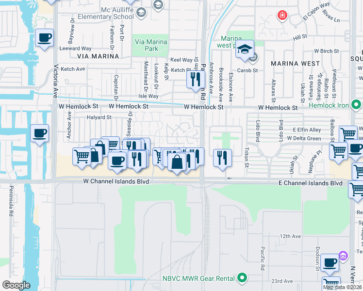 map of restaurants, bars, coffee shops, grocery stores, and more near 439 Reed Way in Port Hueneme
