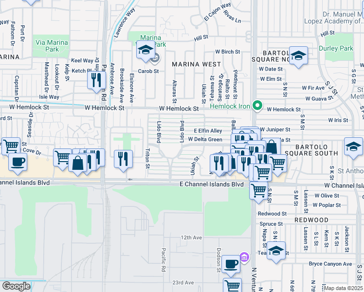 map of restaurants, bars, coffee shops, grocery stores, and more near Lido Boulevard in Port Hueneme