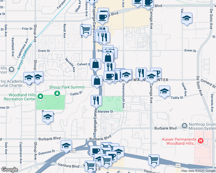 map of restaurants, bars, coffee shops, grocery stores, and more near 21850 West Oxnard Street in Los Angeles
