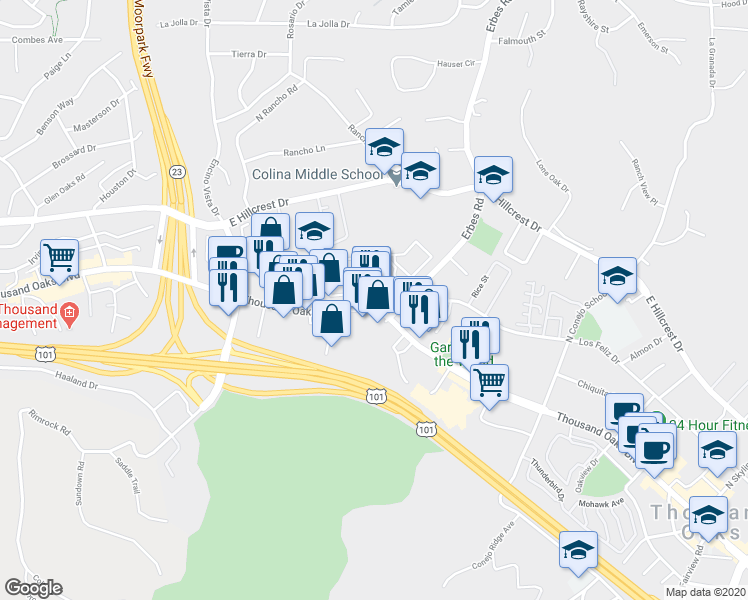 map of restaurants, bars, coffee shops, grocery stores, and more near 50 Maegan Place in Thousand Oaks