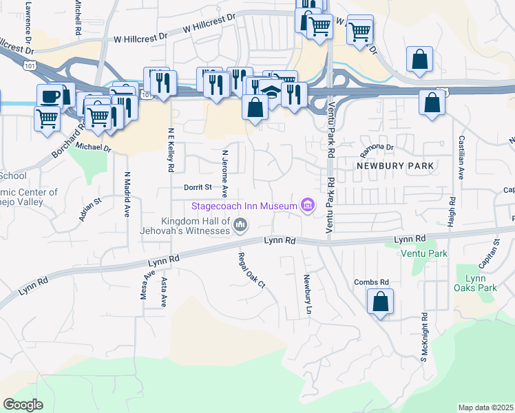 map of restaurants, bars, coffee shops, grocery stores, and more near 1617 Susan Drive in Thousand Oaks