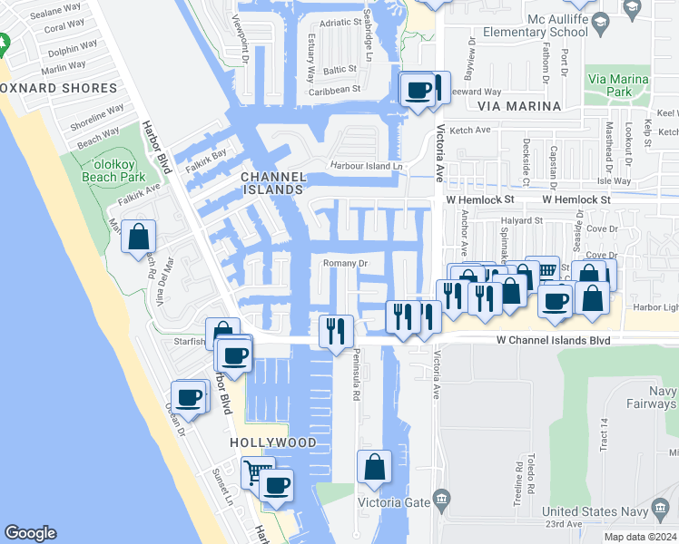 map of restaurants, bars, coffee shops, grocery stores, and more near 2251 Peninsula Road in Oxnard