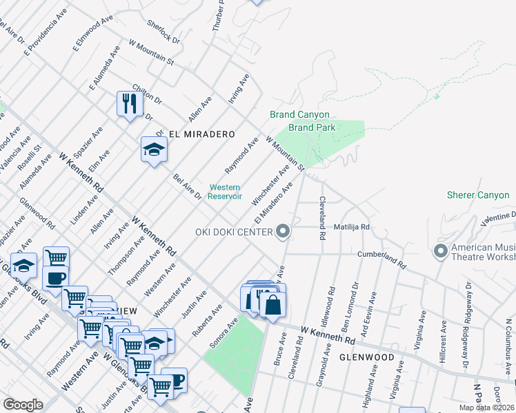 map of restaurants, bars, coffee shops, grocery stores, and more near 1500 Winchester Avenue in Glendale
