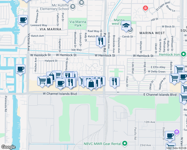 map of restaurants, bars, coffee shops, grocery stores, and more near 439 Reed Way in Port Hueneme