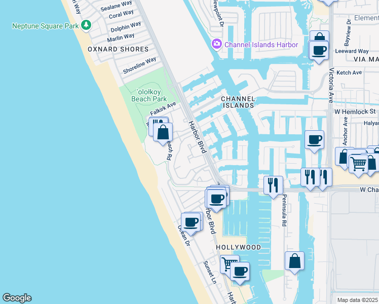map of restaurants, bars, coffee shops, grocery stores, and more near 2225 Martinique Lane in Oxnard