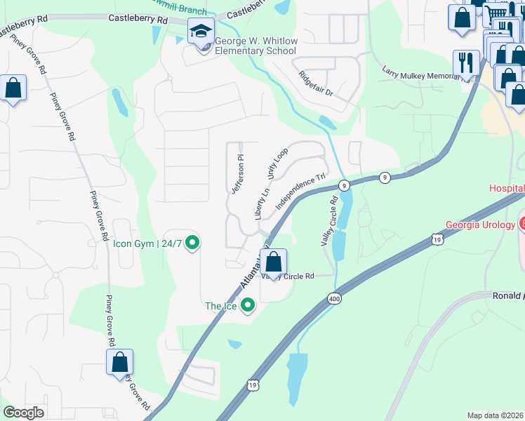 map of restaurants, bars, coffee shops, grocery stores, and more near 1420 Liberty Lane in Cumming