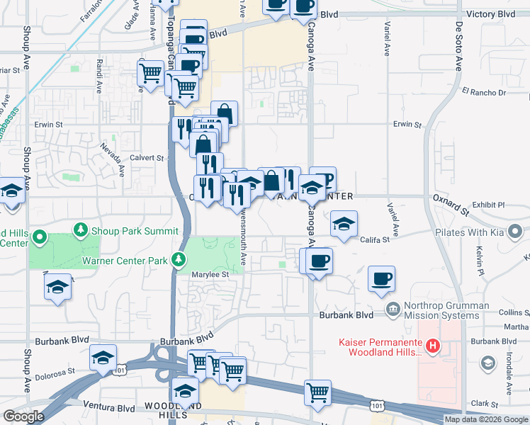 map of restaurants, bars, coffee shops, grocery stores, and more near 21600 Oxnard Street in Los Angeles
