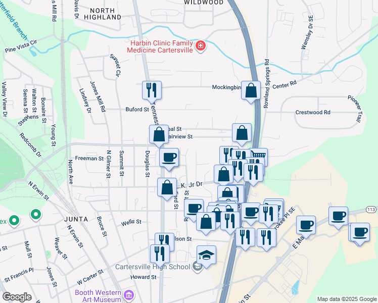 map of restaurants, bars, coffee shops, grocery stores, and more near 131 Roosevelt Street in Cartersville