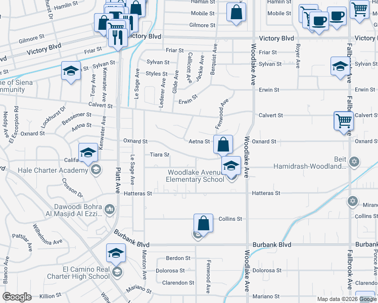 map of restaurants, bars, coffee shops, grocery stores, and more near 23413 Oxnard Street in Los Angeles