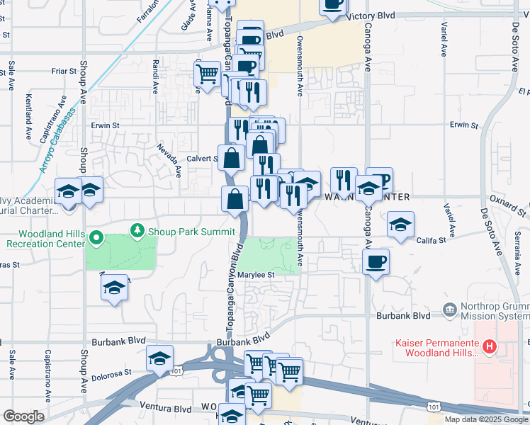 map of restaurants, bars, coffee shops, grocery stores, and more near 21850 Oxnard Street in Los Angeles