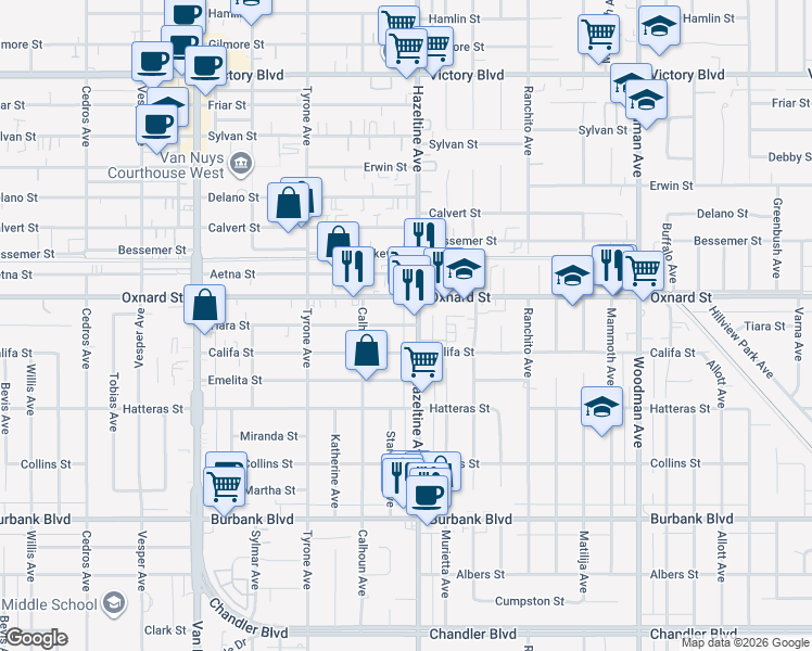 map of restaurants, bars, coffee shops, grocery stores, and more near 14153 Tiara Street in Los Angeles