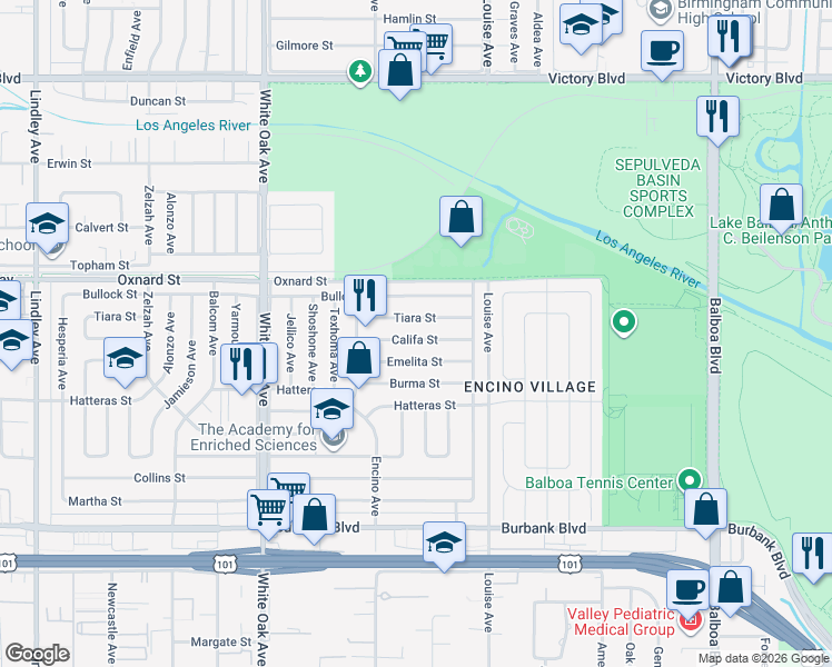 map of restaurants, bars, coffee shops, grocery stores, and more near 17425 Califa Street in Los Angeles