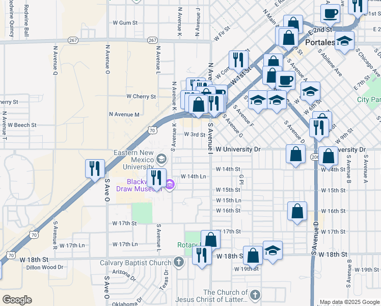 map of restaurants, bars, coffee shops, grocery stores, and more near 1112 West University Drive in Portales