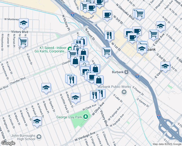 map of restaurants, bars, coffee shops, grocery stores, and more near 217 West Magnolia Boulevard in Burbank