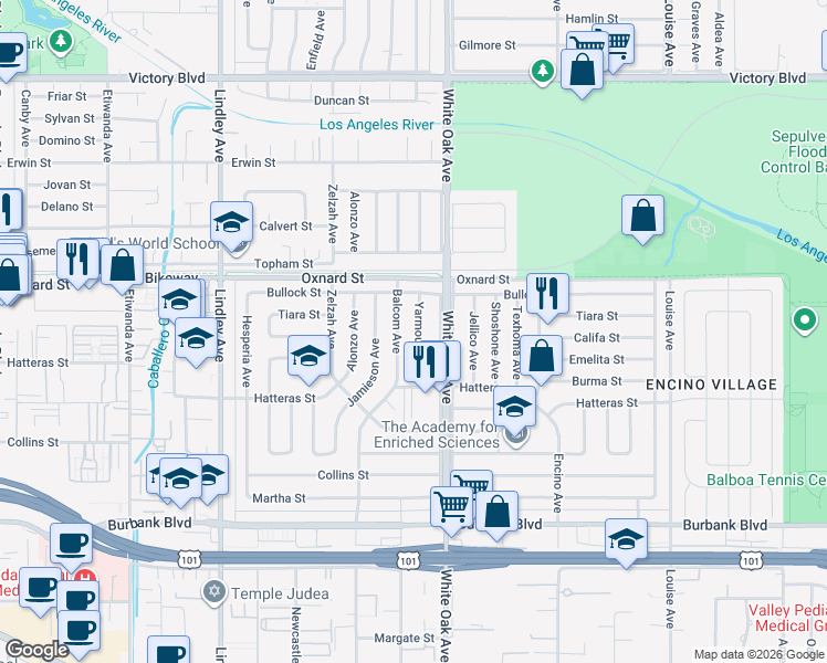 map of restaurants, bars, coffee shops, grocery stores, and more near 5954 Yarmouth Avenue in Los Angeles