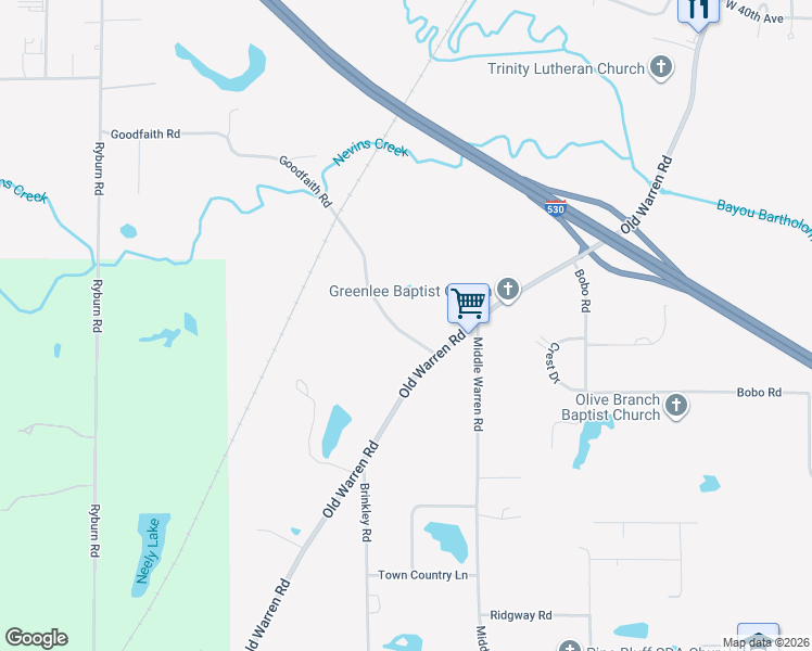 map of restaurants, bars, coffee shops, grocery stores, and more near 4301-4555 Goodfaith Road in Pine Bluff