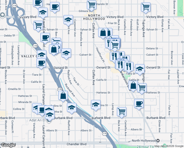 map of restaurants, bars, coffee shops, grocery stores, and more near 5948 Colfax Avenue in Los Angeles