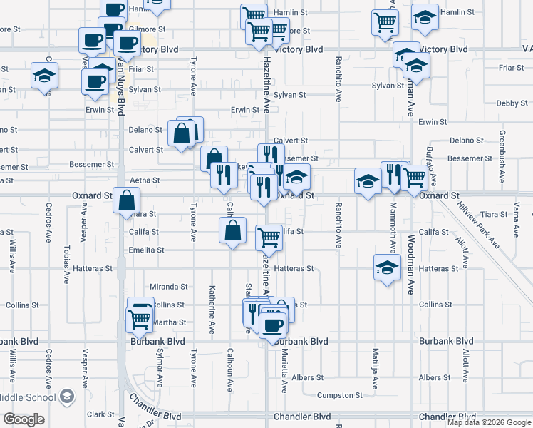 map of restaurants, bars, coffee shops, grocery stores, and more near Tiara Street in Los Angeles