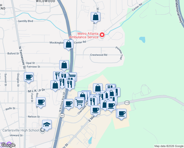 map of restaurants, bars, coffee shops, grocery stores, and more near 105 Timber Ridge Drive in Cartersville