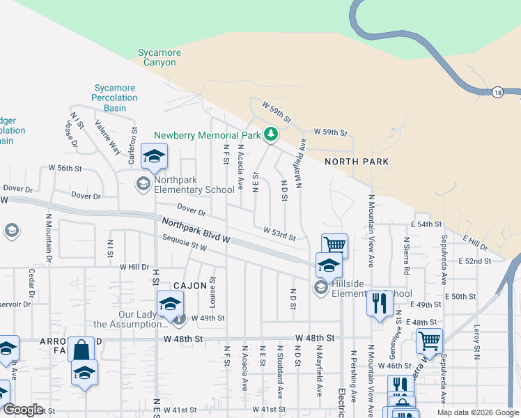 map of restaurants, bars, coffee shops, grocery stores, and more near 5465 North E Street in San Bernardino