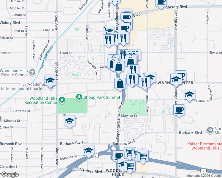 map of restaurants, bars, coffee shops, grocery stores, and more near 5901 Hanna Avenue in Los Angeles