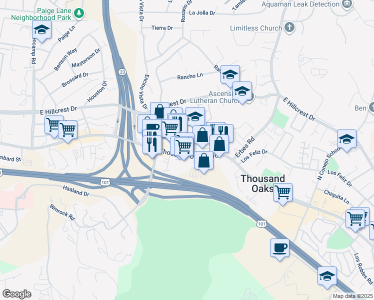 map of restaurants, bars, coffee shops, grocery stores, and more near 1423 Thousand Oaks Boulevard in Thousand Oaks
