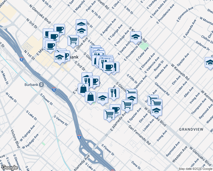 map of restaurants, bars, coffee shops, grocery stores, and more near 310 East Providencia Avenue in Burbank