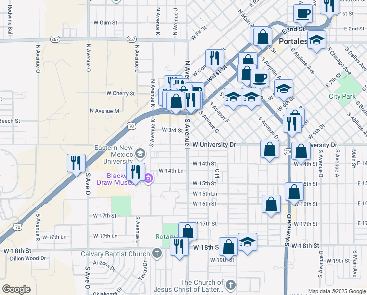 map of restaurants, bars, coffee shops, grocery stores, and more near 316 South Avenue I in Portales