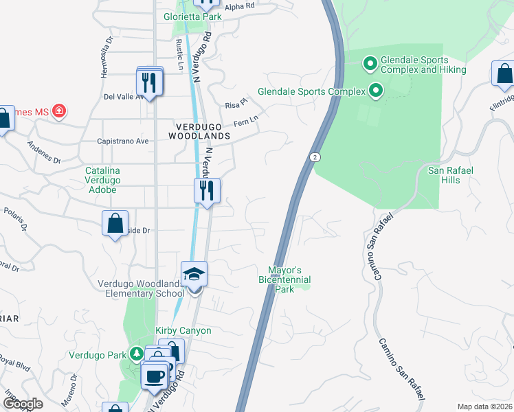 map of restaurants, bars, coffee shops, grocery stores, and more near 2163 Haven Street in Glendale