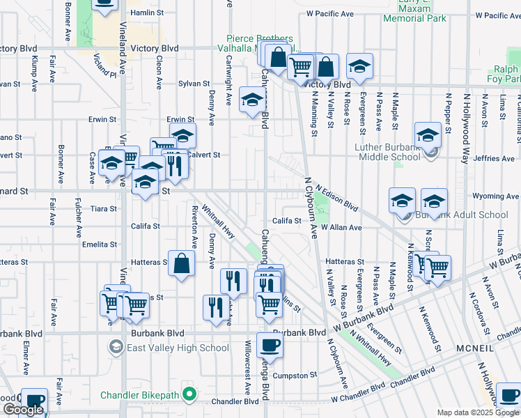 map of restaurants, bars, coffee shops, grocery stores, and more near 5941 Cahuenga Boulevard in Los Angeles